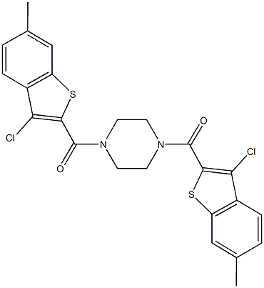 1,4-bis[(3-chloro-6-methyl-1-benzothien-2-yl)carbonyl]piperazine Struktur