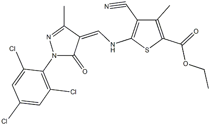 ethyl 4-cyano-3-methyl-5-({[3-methyl-5-oxo-1-(2,4,6-trichlorophenyl)-1,5-dihydro-4H-pyrazol-4-ylidene]methyl}amino)-2-thiophenecarboxylate Struktur