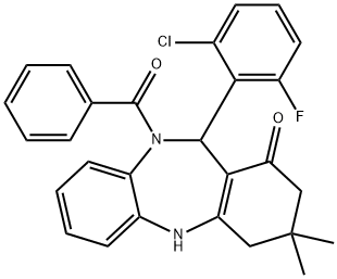 10-benzoyl-11-(2-chloro-6-fluorophenyl)-3,3-dimethyl-2,3,4,5,10,11-hexahydro-1H-dibenzo[b,e][1,4]diazepin-1-one Struktur