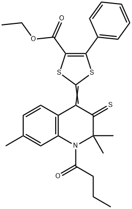 ethyl 2-(1-butyryl-2,2,7-trimethyl-3-thioxo-2,3-dihydro-4(1H)-quinolinylidene)-5-phenyl-1,3-dithiole-4-carboxylate Struktur