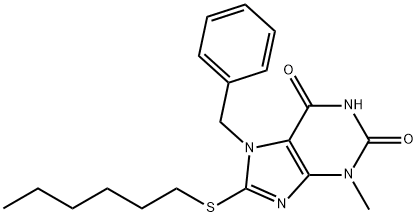 7-benzyl-8-(hexylsulfanyl)-3-methyl-3,7-dihydro-1H-purine-2,6-dione Struktur