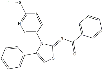 N-(3-[2-(methylsulfanyl)-5-pyrimidinyl]-4-phenyl-1,3-thiazol-2(3H)-ylidene)benzamide Struktur