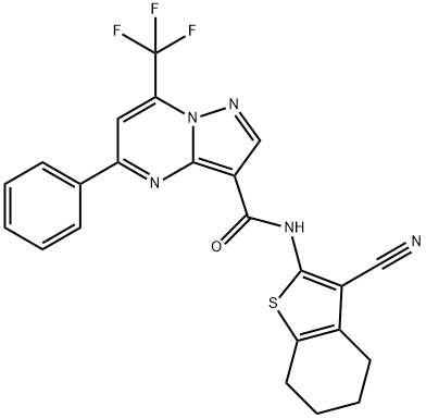 N-(3-cyano-4,5,6,7-tetrahydro-1-benzothien-2-yl)-5-phenyl-7-(trifluoromethyl)pyrazolo[1,5-a]pyrimidine-3-carboxamide Struktur