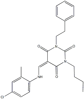 1-butyl-5-[(4-chloro-2-methylanilino)methylene]-3-(2-phenylethyl)-2,4,6(1H,3H,5H)-pyrimidinetrione Struktur