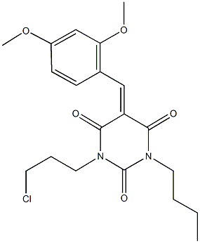 1-butyl-3-(3-chloropropyl)-5-(2,4-dimethoxybenzylidene)-2,4,6(1H,3H,5H)-pyrimidinetrione Struktur