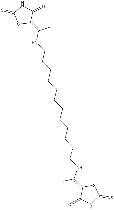 5-{1-[(12-{[1-(4-oxo-2-thioxo-1,3-thiazolidin-5-ylidene)ethyl]amino}dodecyl)amino]ethylidene}-2-thioxo-1,3-thiazolidin-4-one Struktur