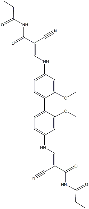 2-cyano-3-[(4'-{[2-cyano-3-oxo-3-(propionylamino)-1-propenyl]amino}-2,2'-dimethoxy[1,1'-biphenyl]-4-yl)amino]-N-propionylacrylamide Struktur