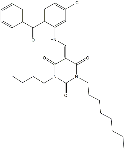 5-[(2-benzoyl-5-chloroanilino)methylene]-1-butyl-3-octyl-2,4,6(1H,3H,5H)-pyrimidinetrione Struktur