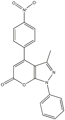 4-{4-nitrophenyl}-3-methyl-1-phenylpyrano[2,3-c]pyrazol-6(1H)-one Struktur