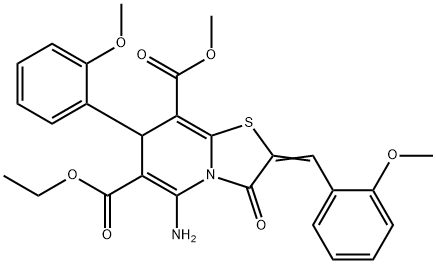 6-ethyl 8-methyl 5-amino-2-(2-methoxybenzylidene)-7-(2-methoxyphenyl)-3-oxo-2,3-dihydro-7H-[1,3]thiazolo[3,2-a]pyridine-6,8-dicarboxylate Struktur