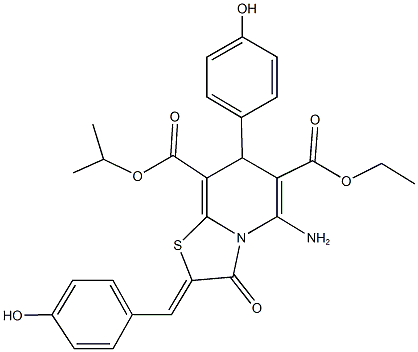 6-ethyl 8-isopropyl 5-amino-2-(4-hydroxybenzylidene)-7-(4-hydroxyphenyl)-3-oxo-2,3-dihydro-7H-[1,3]thiazolo[3,2-a]pyridine-6,8-dicarboxylate Struktur