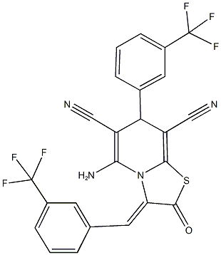 5-amino-2-oxo-3-[3-(trifluoromethyl)benzylidene]-7-[3-(trifluoromethyl)phenyl]-2,3-dihydro-7H-[1,3]thiazolo[3,2-a]pyridine-6,8-dicarbonitrile Struktur