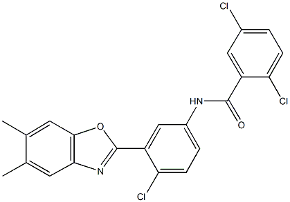 2,5-dichloro-N-[4-chloro-3-(5,6-dimethyl-1,3-benzoxazol-2-yl)phenyl]benzamide Struktur