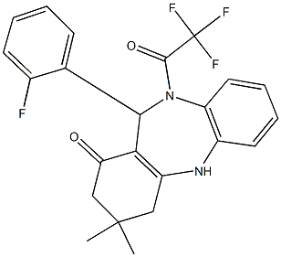 11-(2-fluorophenyl)-3,3-dimethyl-10-(trifluoroacetyl)-2,3,4,5,10,11-hexahydro-1H-dibenzo[b,e][1,4]diazepin-1-one Struktur