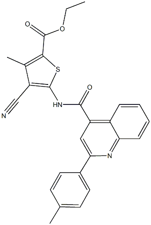 ethyl 4-cyano-3-methyl-5-({[2-(4-methylphenyl)-4-quinolinyl]carbonyl}amino)-2-thiophenecarboxylate Struktur