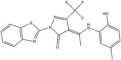 2-(1,3-benzothiazol-2-yl)-4-[1-(2-hydroxy-5-methylanilino)ethylidene]-5-(trifluoromethyl)-2,4-dihydro-3H-pyrazol-3-one Struktur