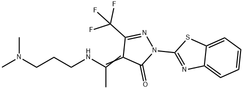 2-(1,3-benzothiazol-2-yl)-4-(1-{[3-(dimethylamino)propyl]amino}ethylidene)-5-(trifluoromethyl)-2,4-dihydro-3H-pyrazol-3-one Struktur