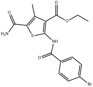 ethyl 5-(aminocarbonyl)-2-[(4-bromobenzoyl)amino]-4-methyl-3-thiophenecarboxylate Struktur