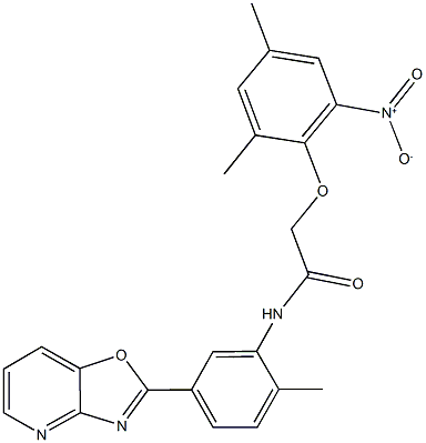 2-{2-nitro-4,6-dimethylphenoxy}-N-(2-methyl-5-[1,3]oxazolo[4,5-b]pyridin-2-ylphenyl)acetamide Struktur