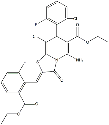 ethyl 5-amino-8-chloro-7-(2-chloro-6-fluorophenyl)-2-[2-(ethoxycarbonyl)-6-fluorobenzylidene]-3-oxo-2,3-dihydro-7H-[1,3]thiazolo[3,2-a]pyridine-6-carboxylate Struktur