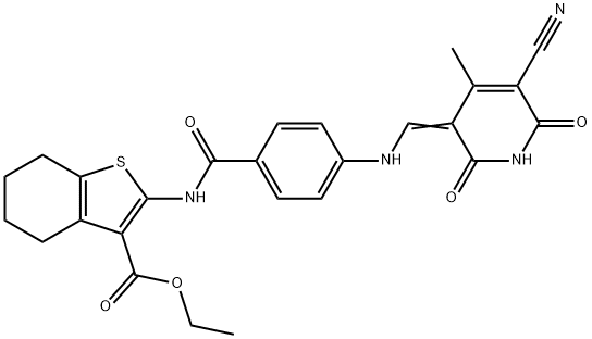 ethyl 2-{[4-({[5-cyano-4-methyl-2,6-dioxo-1,6-dihydro-3(2H)-pyridinylidene]methyl}amino)benzoyl]amino}-4,5,6,7-tetrahydro-1-benzothiophene-3-carboxylate Struktur