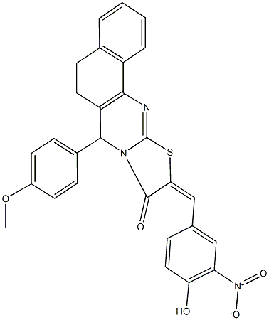 10-{4-hydroxy-3-nitrobenzylidene}-7-(4-methoxyphenyl)-5,7-dihydro-6H-benzo[h][1,3]thiazolo[2,3-b]quinazolin-9(10H)-one Struktur