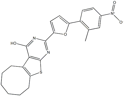 2-(5-{4-nitro-2-methylphenyl}-2-furyl)-5,6,7,8,9,10-hexahydrocycloocta[4,5]thieno[2,3-d]pyrimidin-4-ol Struktur