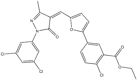 ethyl 2-chloro-5-(5-{[1-(3,5-dichlorophenyl)-3-methyl-5-oxo-1,5-dihydro-4H-pyrazol-4-ylidene]methyl}-2-furyl)benzoate Struktur