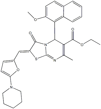 ethyl 5-(2-methoxy-1-naphthyl)-7-methyl-3-oxo-2-{[5-(1-piperidinyl)-2-furyl]methylene}-2,3-dihydro-5H-[1,3]thiazolo[3,2-a]pyrimidine-6-carboxylate Struktur