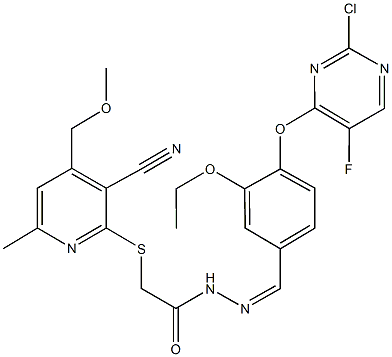 N'-{4-[(2-chloro-5-fluoro-4-pyrimidinyl)oxy]-3-ethoxybenzylidene}-2-{[3-cyano-4-(methoxymethyl)-6-methyl-2-pyridinyl]sulfanyl}acetohydrazide Struktur