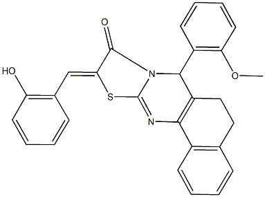 10-(2-hydroxybenzylidene)-7-(2-methoxyphenyl)-5,7-dihydro-6H-benzo[h][1,3]thiazolo[2,3-b]quinazolin-9(10H)-one Struktur