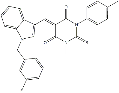 5-{[1-(3-fluorobenzyl)-1H-indol-3-yl]methylene}-1-methyl-3-(4-methylphenyl)-2-thioxodihydro-4,6(1H,5H)-pyrimidinedione Struktur