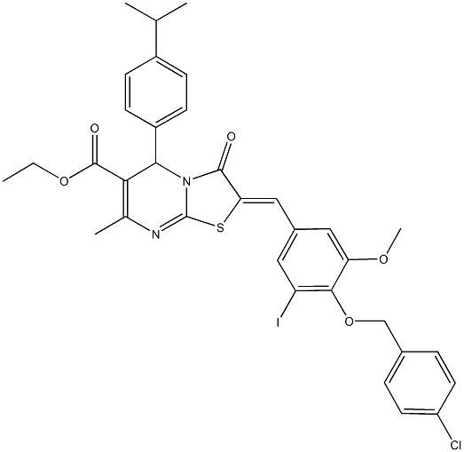 ethyl 2-{4-[(4-chlorobenzyl)oxy]-3-iodo-5-methoxybenzylidene}-5-(4-isopropylphenyl)-7-methyl-3-oxo-2,3-dihydro-5H-[1,3]thiazolo[3,2-a]pyrimidine-6-carboxylate Struktur