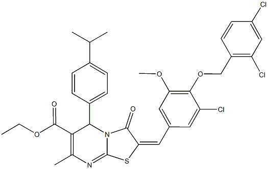 ethyl 2-{3-chloro-4-[(2,4-dichlorobenzyl)oxy]-5-methoxybenzylidene}-5-(4-isopropylphenyl)-7-methyl-3-oxo-2,3-dihydro-5H-[1,3]thiazolo[3,2-a]pyrimidine-6-carboxylate Struktur