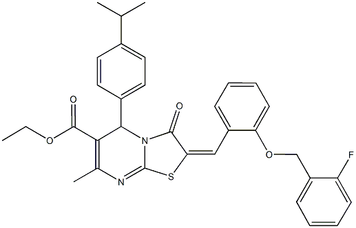 ethyl 2-{2-[(2-fluorobenzyl)oxy]benzylidene}-5-(4-isopropylphenyl)-7-methyl-3-oxo-2,3-dihydro-5H-[1,3]thiazolo[3,2-a]pyrimidine-6-carboxylate Struktur