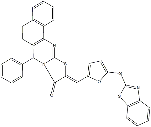 10-{[5-(1,3-benzothiazol-2-ylsulfanyl)-2-furyl]methylene}-7-phenyl-5,7-dihydro-6H-benzo[h][1,3]thiazolo[2,3-b]quinazolin-9(10H)-one Struktur