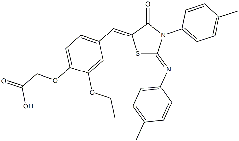 [2-ethoxy-4-({3-(4-methylphenyl)-2-[(4-methylphenyl)imino]-4-oxo-1,3-thiazolidin-5-ylidene}methyl)phenoxy]acetic acid Struktur