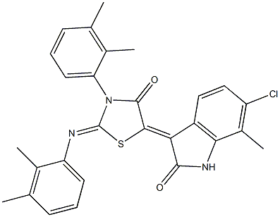 6-chloro-3-{3-(2,3-dimethylphenyl)-2-[(2,3-dimethylphenyl)imino]-4-oxo-1,3-thiazolidin-5-ylidene}-7-methyl-1,3-dihydro-2H-indol-2-one Struktur