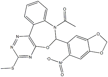 7-acetyl-6-{6-nitro-1,3-benzodioxol-5-yl}-3-(methylsulfanyl)-6,7-dihydro[1,2,4]triazino[5,6-d][3,1]benzoxazepine Struktur