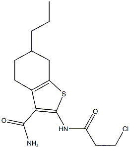 2-[(3-chloropropanoyl)amino]-6-propyl-4,5,6,7-tetrahydro-1-benzothiophene-3-carboxamide Struktur