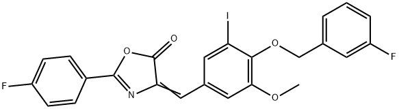 4-{4-[(3-fluorobenzyl)oxy]-3-iodo-5-methoxybenzylidene}-2-(4-fluorophenyl)-1,3-oxazol-5(4H)-one Struktur