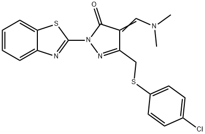 2-(1,3-benzothiazol-2-yl)-5-{[(4-chlorophenyl)sulfanyl]methyl}-4-[(dimethylamino)methylene]-2,4-dihydro-3H-pyrazol-3-one Struktur