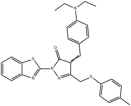 2-(1,3-benzothiazol-2-yl)-4-[4-(diethylamino)benzylidene]-5-{[(4-methylphenyl)sulfanyl]methyl}-2,4-dihydro-3H-pyrazol-3-one Struktur