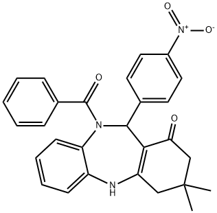 10-benzoyl-11-{4-nitrophenyl}-3,3-dimethyl-2,3,4,5,10,11-hexahydro-1H-dibenzo[b,e][1,4]diazepin-1-one Struktur