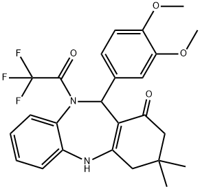 11-(3,4-dimethoxyphenyl)-3,3-dimethyl-10-(trifluoroacetyl)-2,3,4,5,10,11-hexahydro-1H-dibenzo[b,e][1,4]diazepin-1-one Struktur