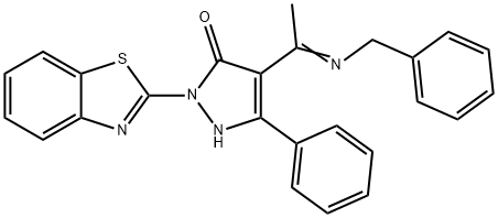 2-(1,3-benzothiazol-2-yl)-4-(N-benzylethanimidoyl)-5-phenyl-1,2-dihydro-3H-pyrazol-3-one Struktur