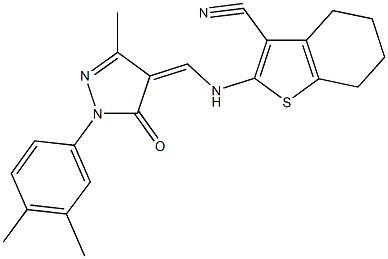 2-({[1-(3,4-dimethylphenyl)-3-methyl-5-oxo-1,5-dihydro-4H-pyrazol-4-ylidene]methyl}amino)-4,5,6,7-tetrahydro-1-benzothiophene-3-carbonitrile Struktur