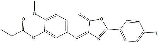 5-[(2-(4-iodophenyl)-5-oxo-1,3-oxazol-4(5H)-ylidene)methyl]-2-methoxyphenyl propionate Struktur