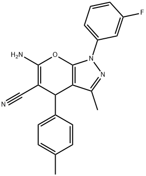 6-amino-1-(3-fluorophenyl)-3-methyl-4-(4-methylphenyl)-1,4-dihydropyrano[2,3-c]pyrazole-5-carbonitrile Struktur