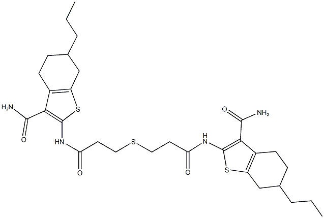 2-({3-[(3-{[3-(aminocarbonyl)-6-propyl-4,5,6,7-tetrahydro-1-benzothien-2-yl]amino}-3-oxopropyl)sulfanyl]propanoyl}amino)-6-propyl-4,5,6,7-tetrahydro-1-benzothiophene-3-carboxamide Struktur